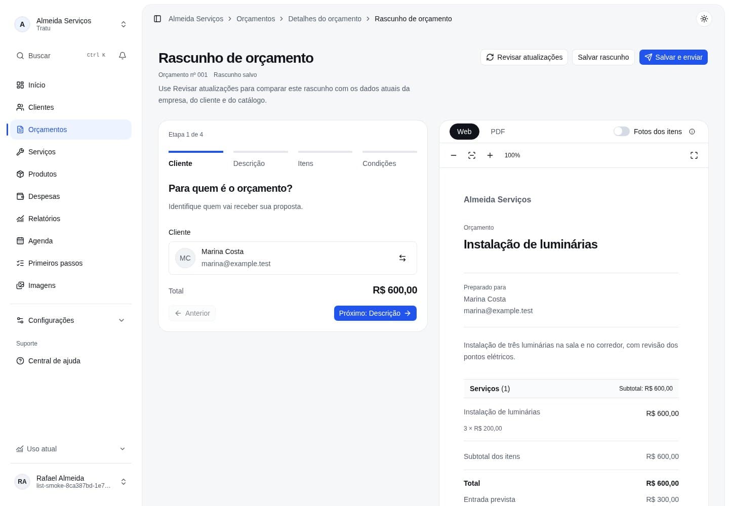 Editor do orçamento de instalação de luminárias para Marina Costa.