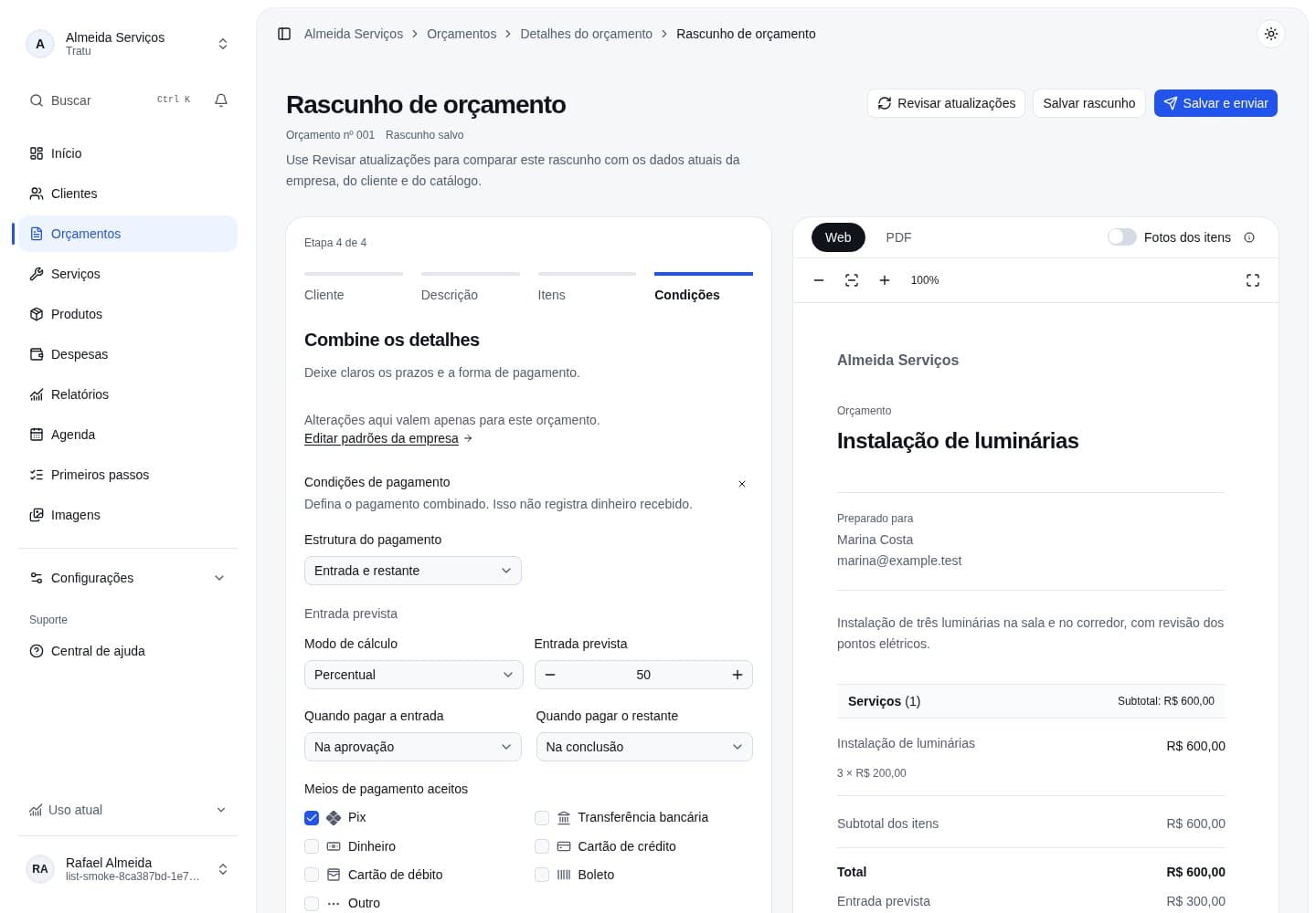 Etapa Condições do orçamento e prévia do documento ao lado.