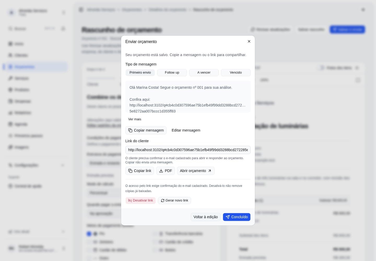 Tela Enviar orçamento com mensagem e link do cliente prontos para compartilhar.